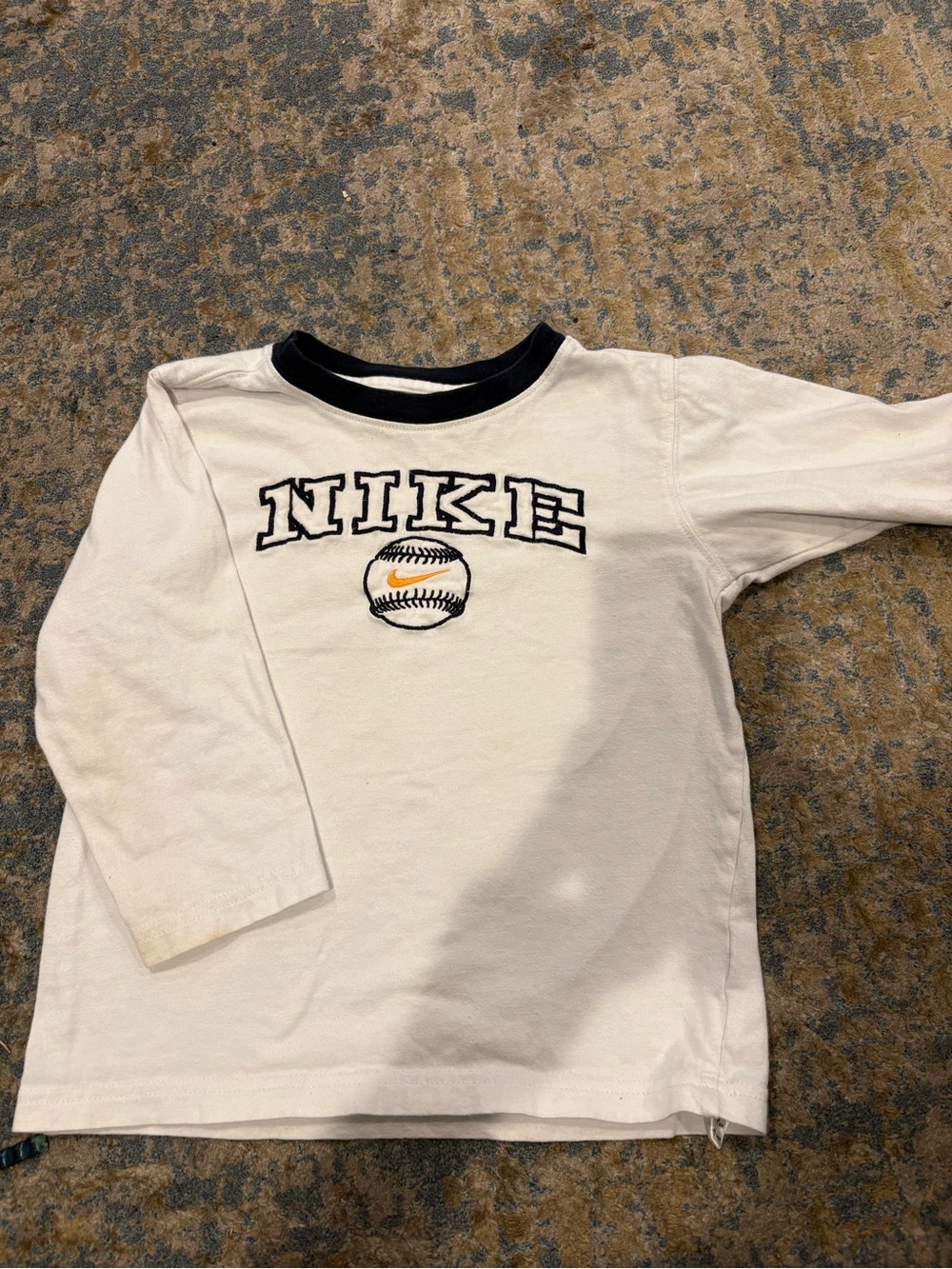 Nike White Long-Sleeve Tee with Black Collar & Baseball Graphic